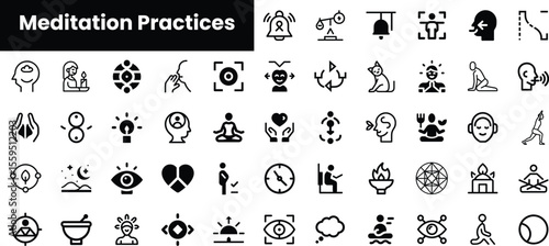 A diverse collection of meditation practice icons depicting various techniques and approaches to mindfulness and relaxation.