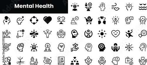 A diverse collection of black and white icons related to mental health, showcasing symbols of support, wellness, and emotional well-being.