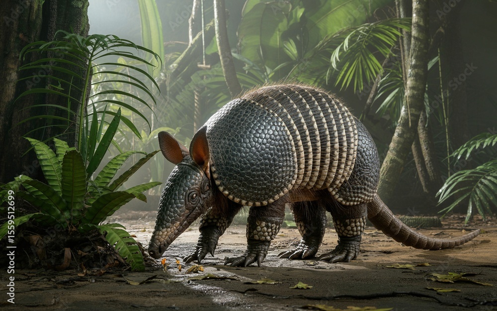 Obraz premium Armadillo foraging for food in a lush, misty rainforest environment