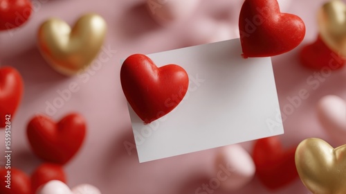 Red and gold heart-shaped objects frame a blank white card on a pastel pink background, creating a romantic and festive atmosphere.