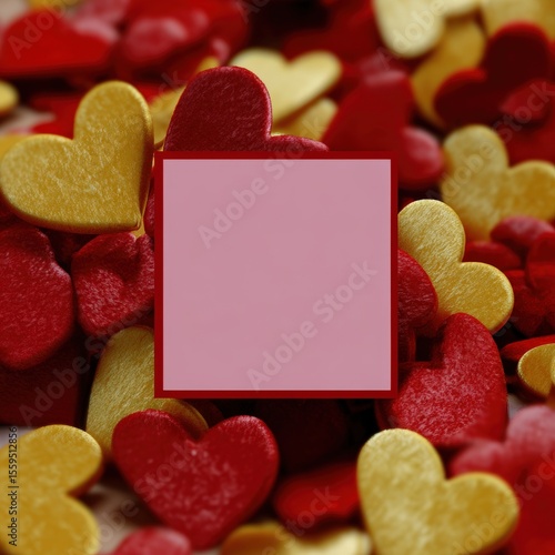 Red and gold heart-shaped decorations surround a blank pink square, perfect for a romantic message or Valentine's Day greeting card.