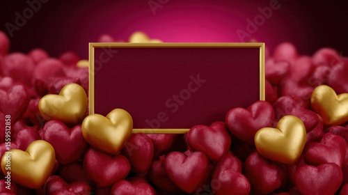 A golden frame surrounded by red and gold heart-shaped objects on a rich pink gradient background, perfect for romantic or festive themes.
