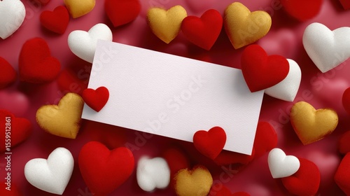 Blank card surrounded by red, white, and gold fabric hearts on a red background, symbolizing love and romance.