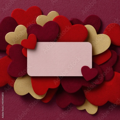 A collection of red, burgundy, and gold felt hearts surrounds a blank pink card, creating a romantic and festive background.