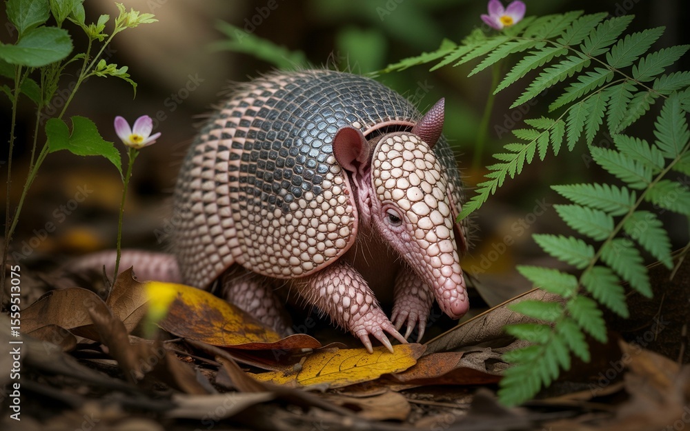 Armadillo amidst ferns and fallen leaves, foraging in the forest undergrowth Armadillo amidst ferns and fallen leaves, foraging in the forest undergrowth