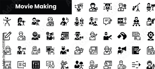 A diverse set of icons representing various aspects of movie making, including directing, editing, and production roles, in a minimalist black design.