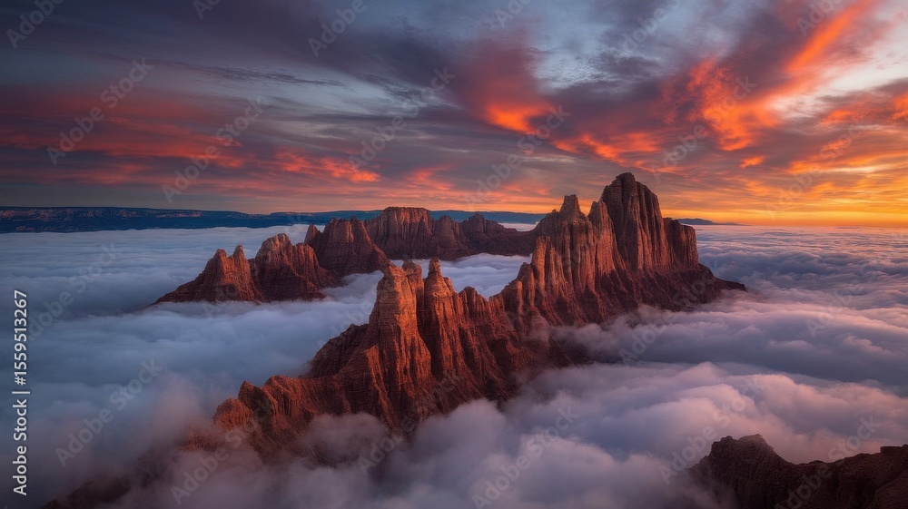 Fototapeta premium Majestic rock formations rising above a sea of clouds at sunset