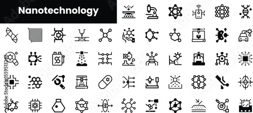 A collection of black and white icons representing various concepts in nanotechnology, including molecular structures, microscopes, and laboratory equipment.