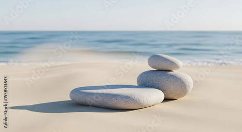 Smooth stone podium on beach with gentle ocean waves