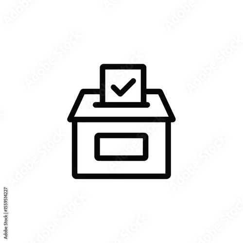 Black Line Art of Voting Box Icon with Check Mark on Transparent Background
