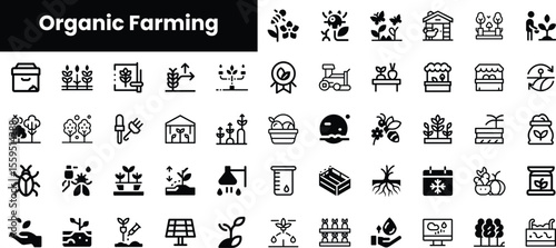 A collection of black silhouette icons depicting various aspects of organic farming, including plants, gardening tools, and farming equipment, creating a vibrant farming theme.