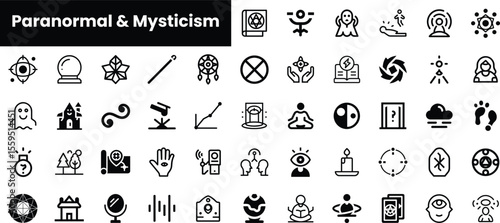 A collection of 50 icons representing themes of paranormal and mysticism, including ghosts, astrology, and spiritual practices, in a monochromatic design.