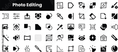 A collection of monochrome icons representing various photo editing tools and features, suitable for graphic design and digital art applications.