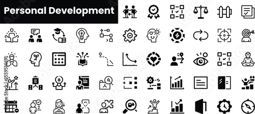 A diverse array of icons representing personal development themes, including teamwork, goal setting, and self-improvement symbols, perfect for motivational content.
