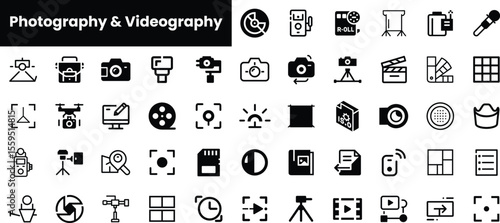 A collection of photography and videography icons featuring cameras, lighting equipment, and editing tools, all in a sleek monochrome design.