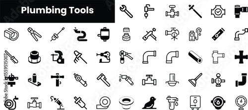 Various plumbing tools and icons, showcasing essential equipment in black and white. Suitable for home improvement and repair projects.