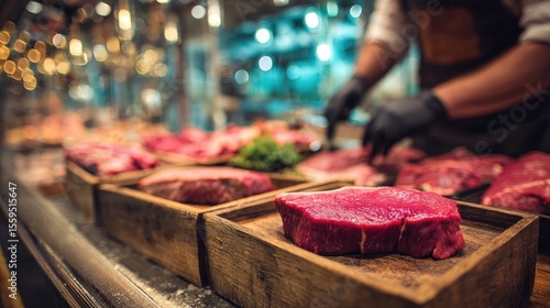 Artisan Butcher's Finest Cuts: A visual feast of fresh, raw cuts of meat, meticulously displayed in a wooden case. the background reveals a professional butcher in action.