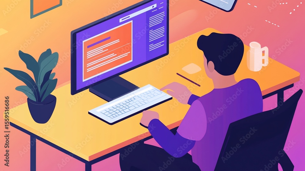 Isometric Workspace Illustration: Man Working on Computer at Home Office Isometric Workspace Illustration: Man Working on Computer at Home Office