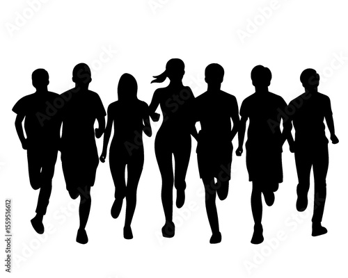 Silhouette of crowd of young people running, morning jogging, isolated icon on white background.	