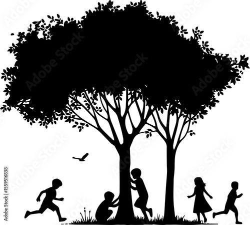 Children playing around large tree in black silhouette design  