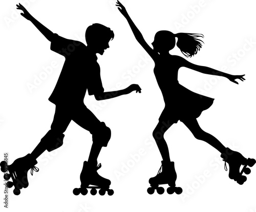 Children roller skating joyfully in silhouette on white background  