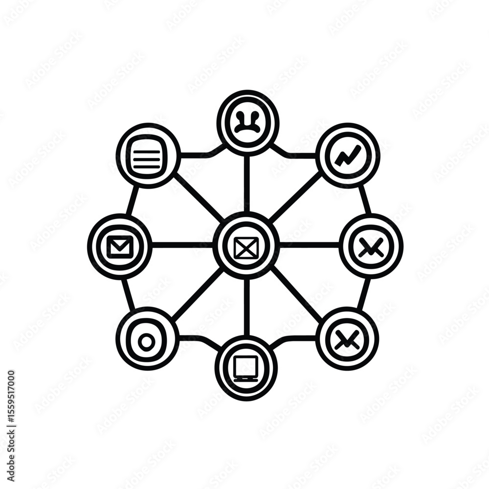 Black Outline Network Diagram with Communication Symbols Isolated on a White Background Black Outline Network Diagram with Communication Symbols Isolated on a White Background