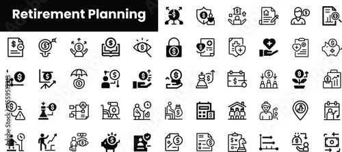 A visually engaging collection of black and white icons representing various aspects of retirement planning, including financial growth, health, and goal setting.