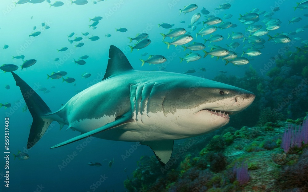 Naklejka premium Majestic Great White Shark Swimming Near Reef with School of Fish