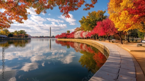 Washington dc autumn scenic view of tidal basin and washington monument reflection