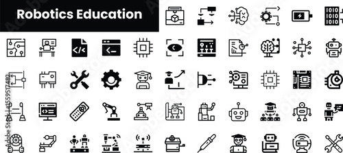 A diverse collection of robotics education icons, featuring robots, gears, coding symbols, and educational tools, perfect for technology and learning themes.