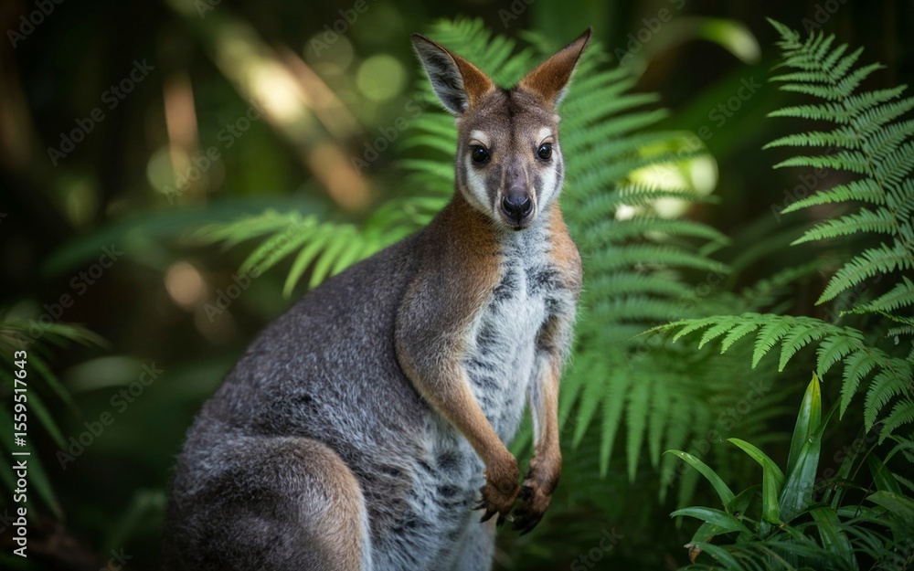 Obraz premium Agile Wallaby Portrait Amidst Lush Ferns in Natural Habitat