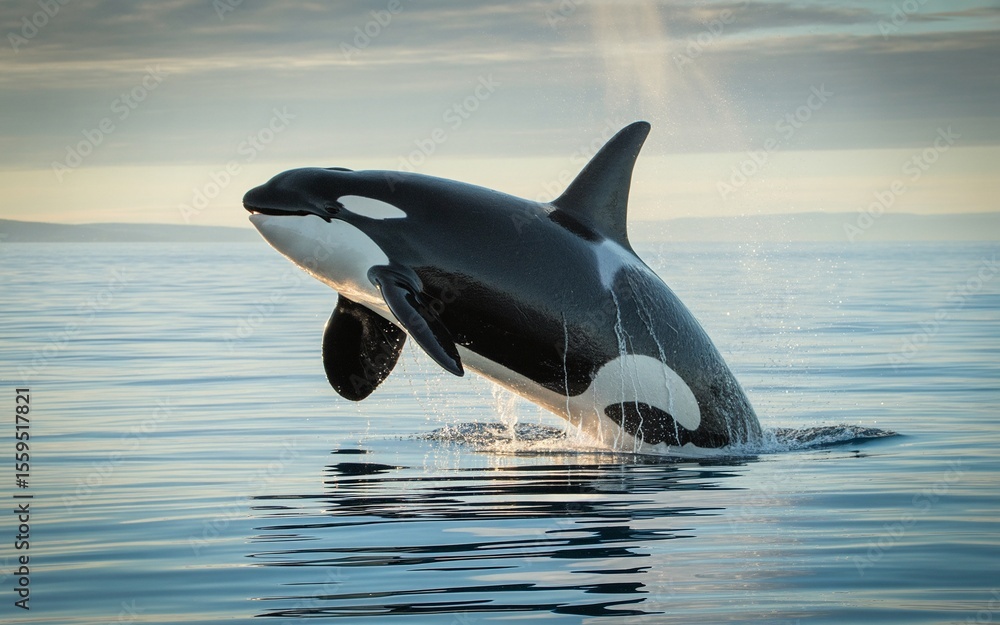 Fototapeta premium Orca Breaching the Surface in Sunlight, Displaying Majestic Beauty and Power