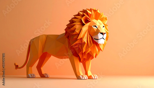 A stylized, geometric representation of a lion against an orange background, showcasing vibrant colors and sharp angles in a modern art style