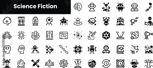 A diverse collection of black and white sci-fi themed icons, illustrating futuristic concepts like robots, aliens, space travel, and advanced technology.
