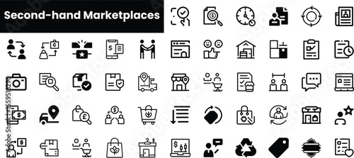 A collection of icons representing various concepts related to second-hand marketplaces, including transactions, user interactions, and recycling, showcasing a modern digital approach.