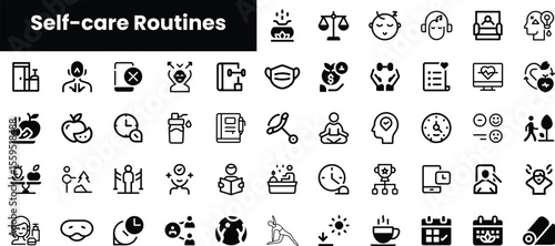 A collection of black and white icons representing various self-care routines, highlighting wellness activities and mental health practices for a balanced lifestyle.