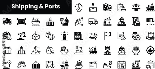 A collection of black and white icons representing shipping and ports. Includes boats, trucks, containers, and various maritime symbols, suitable for logistics and transport themes.