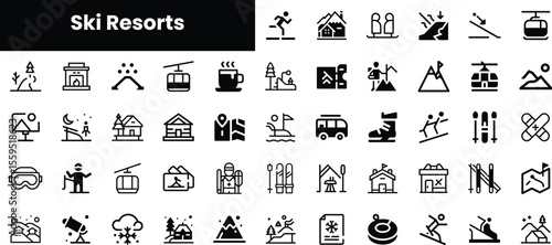 A collection of minimalist black icons representing various aspects of ski resorts, including skiing, snowboarding, lifts, and winter activities.