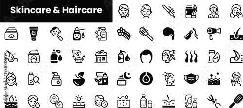 A collection of black and white icons representing diverse aspects of skincare and haircare routines, showcasing products and tools for beauty enthusiasts.
