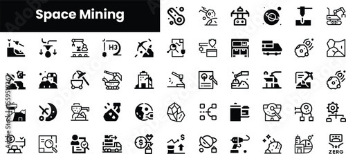 A diverse collection of black icons representing various aspects of space mining, showcasing futuristic tools, machinery, and resources in a streamlined design.