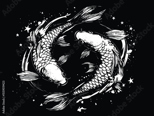Elegant Koi Fish Vector:  Intricate Ink Design, Dark Mood