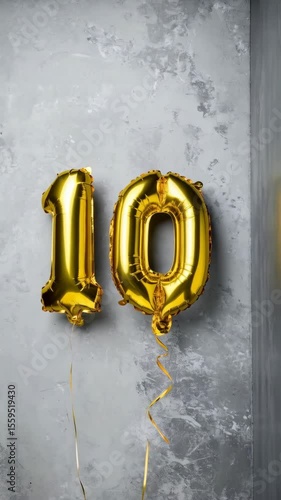 Golden foil balloons shaped as the number ten floating against a gray textured background, party celebration decoration