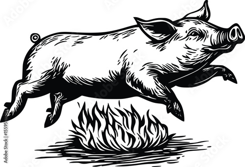 Leaping Pig Vector Illustration: Vintage Woodcut Style
