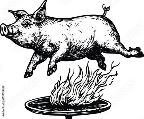 Vector illustration: Roasted pig, vintage woodcut style, fiery grill