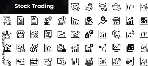 A collection of monochrome stock trading icons illustrating concepts like growth, investment, and analytics, perfect for financial themes and presentations.