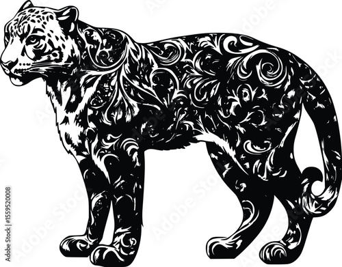 Elegant Vector Jaguar Silhouette: Ornate Floral Design, Dark Mood
