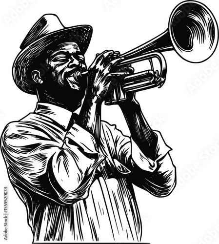 Joyful Jazz Musician:  Vector Illustration,  Engraving Style,  Trumpet Solo