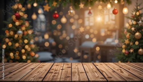 Empty Wooden Table with Christmas Theme Background for Holiday Display and Festive Design