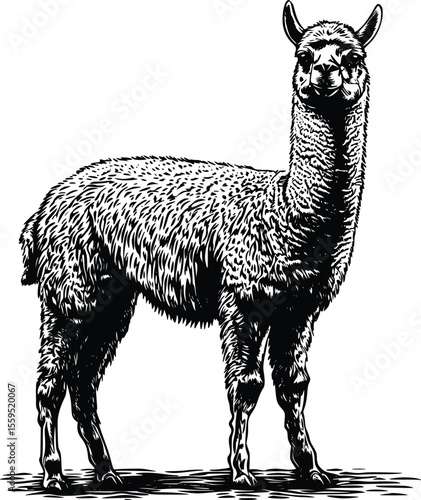 Majestic Alpaca Vector Illustration:  Intricate Line Art,  Dramatic Style