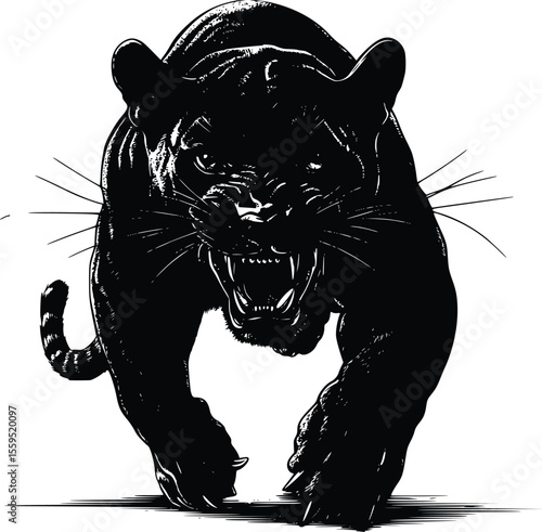 Aggressive Panther Vector Illustration:  Intense, Dark,  Engraved Style